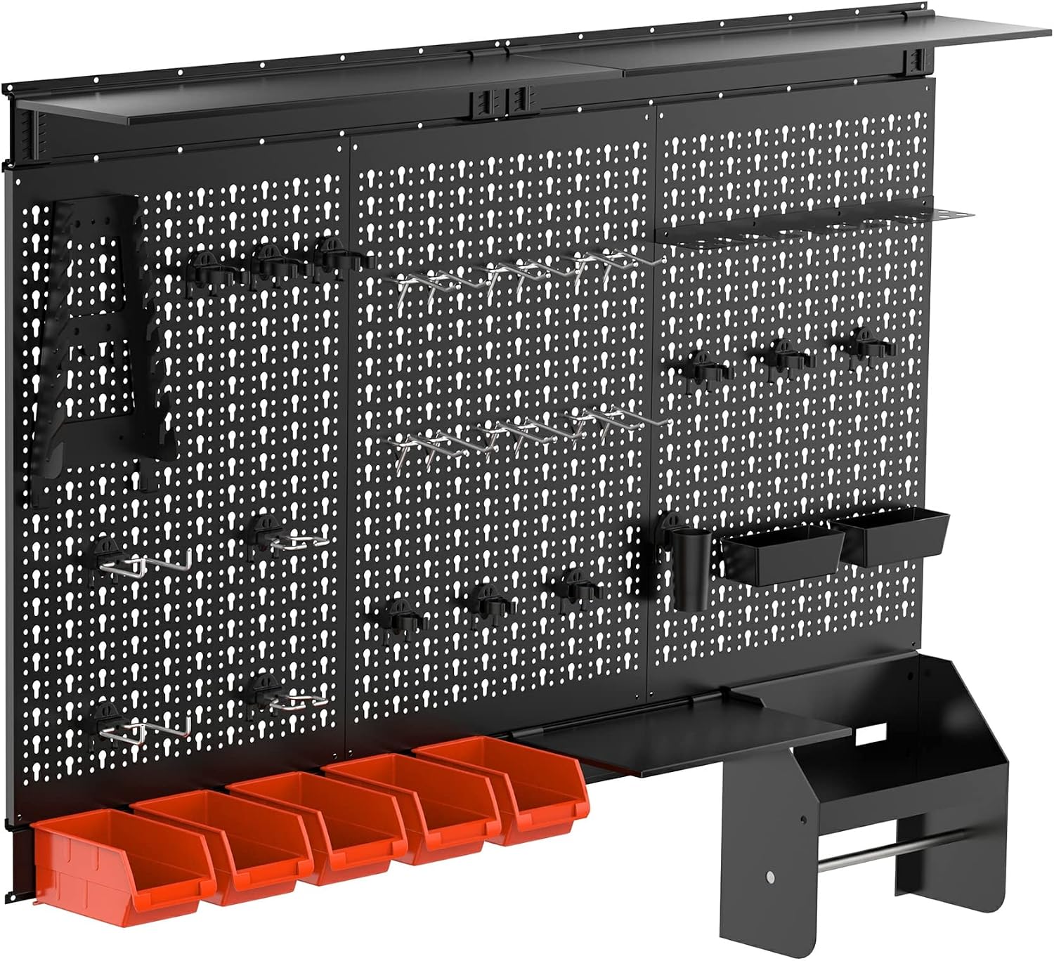 Workshop Tools Board - ชุดแผงจัดระเบียบติดผนังแบบแผ่นโลหะ, ระบบชั้นวางเก็บเครื่องมือในโรงรถ, แผงแสดงสินค้าแบบแขวนสำหรับงานหนักพร้อมถังเก็บของและชั้นวางสำหรับโรงงาน, สีดำ, ชุด 46
