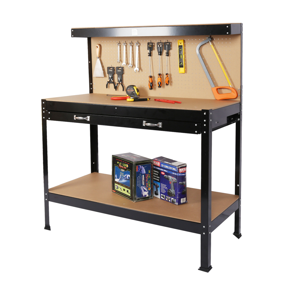 Workshop Tools Board - โต๊ะทำงานเหล็กพร้อมที่เก็บเครื่องมือ โต๊ะทำงานในโรงงาน พร้อมลิ้นชักและแผงแขวนเครื่องมือ ขนาด 63 นิ้ว